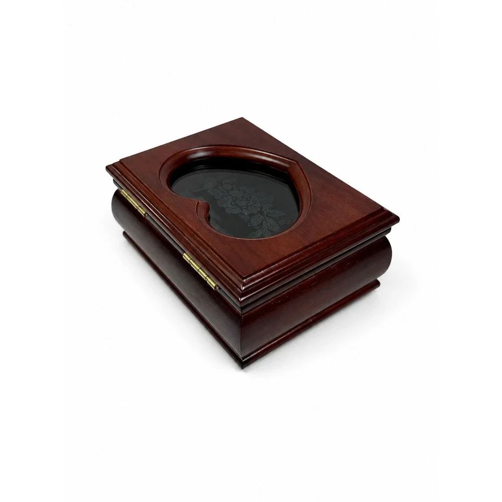 Vintage Style Cherry Wood Jewelry Box Heart Etched Rose Glass Lid Green Velvet
